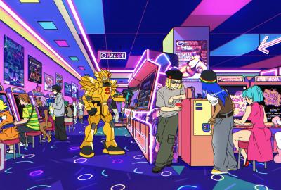 Various characters hanging out at the arcade