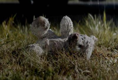 Acide film still stuffed animal bunny in the grass.