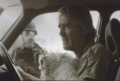 Cough man driving his truck with a dog on his lap