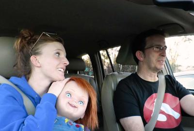 The Dollhouse film still driving in the car with Chucky